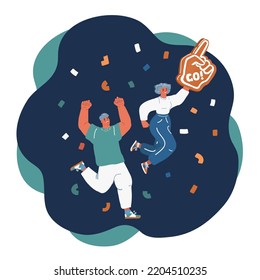 Cartoon vector illustration of people crazy fan jumping high up celebrating football team winning wear over dark backround
