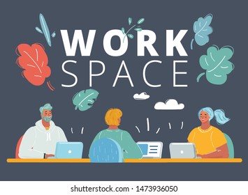 Cartoon vector illustration of People In Creative Office Co-working Center University Campus Modern Workplace on dark background.