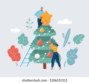 Cartoon vector illustration of people decorate the Christmas tree together, man and woman preparing to celebrate the new year.