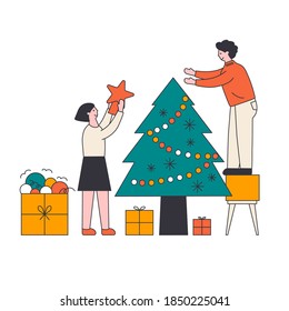 Cartoon vector illustration of people decorate the Christmas tree together, man and woman preparing to celebrate the new year