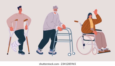 Dibujo vectorial de dibujos animados de personas con discapacidad, terapia, rehabilitación. Hombre en crujido, mujer en silla de ruedas, anciano omanés usando marco para caminar