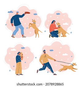 Cartoon vector illustration of people with a dogs. Walking, pla ing, hugging, running.