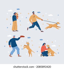 Cartoon vector illustration of people with a dogs. Woman, man play, walk and hug their pets.