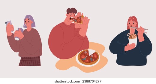 Cartoon vector illustration of People eating different meals. Man eating pizza, woman eating noodle box, girl sipping beverige