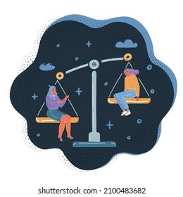 Cartoon vector illustration of people equality concept. Balance symbol. Job, envious, jealousy, low self-esteem at dark backround.