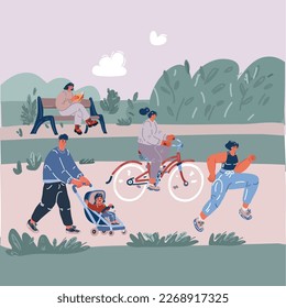 Cartoon vector illustration of people getting activity and rest in the park. Father walking with baby carriage, women riding bike, running jogging and reading book on the bench over dark backrground