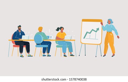 Cartoon vector illustration of People Group Presentation Flip Chart Finance, team training conference meeting. Team work in openoffice