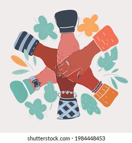 Cartoon vector illustration of people hands get together. Unity symbolize concept, work or life, friendship, team.