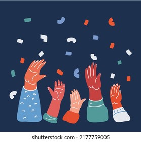 Cartoon vector illustration of people hands raised up and celebration over dark backround