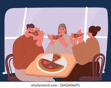 Ilustração de vetor de desenhos animados de pessoas têm pizza juntos cada fatia agarrante de pizza sobre fundo escuro