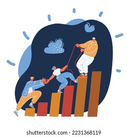 Cartoon vector illustration of People help each other go up. Teamwork concept. Career planning. Motivation. Goal achievment. Way up. Business strategy over dark background