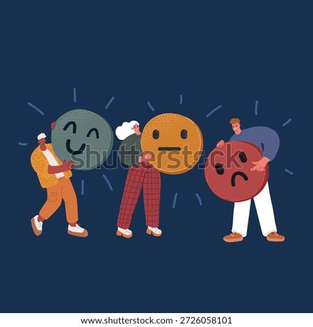 Cartoon vector illustration of people hold smile symbols. Emoji hand icons.. Rating feedback symbols. Happy, good, indifferent and bad, angry, satisfying, unsatisfying.