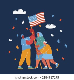 Cartoon vector illustration of people holding an American flag over dark backround