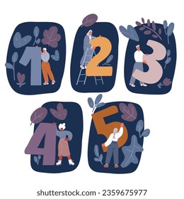 Cartoon vector illustration of People holding different numbers from one to five over dark backround