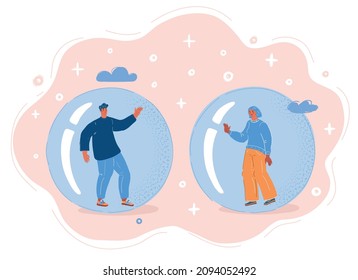 Cartoon vector illustration of People inside Echo chamber, isolated bubble, woman and man can't communicate or do it at distance svg