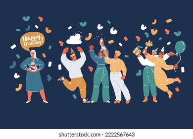 Cartoon vector illustration of People, joy, fun and happiness concept. Relaxed happy birthday guy looking cheerful, smiling happily, holding colorful, helium balloons and cupcake with confetti