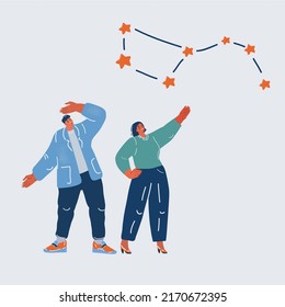 Cartoon vector illustration of people look at the stars, constellations, astronomy, zodiac signs, astrology concept