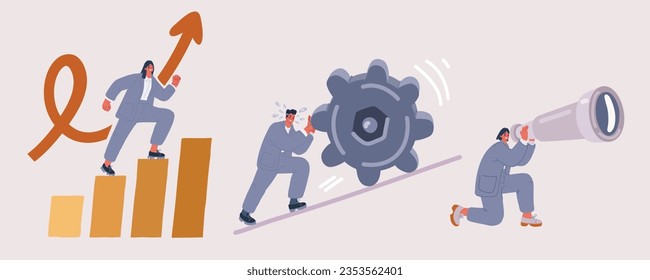 Cartoon vector illustration of people. Man try to push gear, woman making investigation with binocular, woman step up, level grown