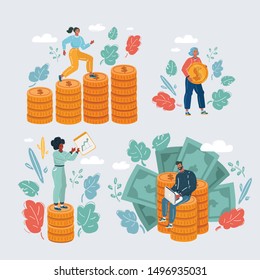 Cartoon vector illustration of people with money concept on white background. Man and woman with stack of money and bancknotes.