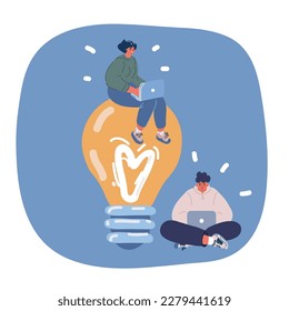 Cartoon vector illustration of People near idea symbol in form of light-bulb. Colleagues communicate and discuss startup. Men and woman look at big light bulb, symbol of business idea.