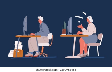 Cartoon vector illustration of people in office table with group of colleagues working on laptop computer over dark background