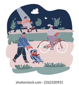 Cartoon vector illustration people in park. Father with stroller with baby, woman read book and woman ride bike over dark background