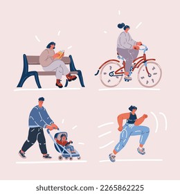 Cartoon vector illustration of people in park set. Father walking with baby carriage, women riding bike, running jogging and reading book on the bench