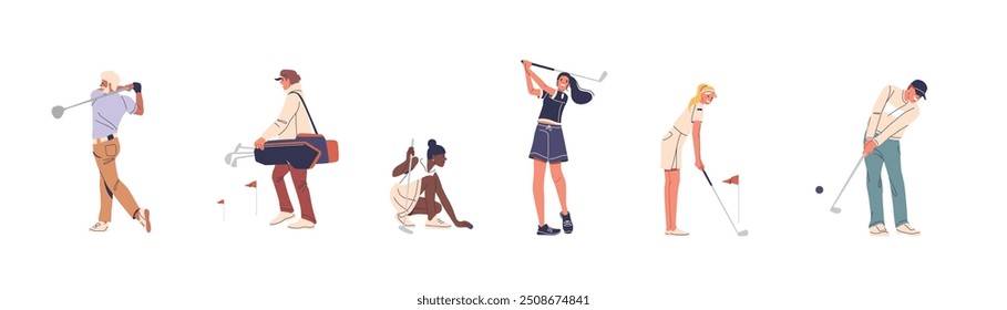 Cartoon Vector Illustration Of People Playing Golf In Various Poses And Actions, Showcasing The Sport And Its Players
