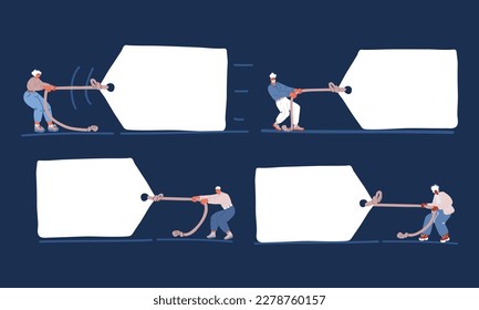 Cartoon vector illustration of people pulling huge banner with copy space over dark background
