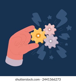 Cartoon vector illustration of people putting together a series of cogwheels. business mechanism with gears. the business solution, teamwork, and process concept.