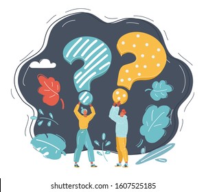 Cartoon vector illustration of people with question mark in they hands on dark.