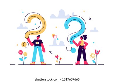 Cartoon vector illustration of people with question mark. Man and woman. Flat style modern design vector illustration for web page, cards, poster