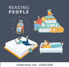 Cartoon vector illustration of people reading a book set. Lying on sofa, maker searching with magnifying glass, sitting on stack, chair and read. Human characters on dark.