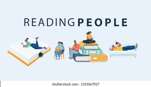 Cartoon vector illustration of cartoon people reading books set. Lying on sofa, with magnifying glass, sitting on stack, chair and read. Human characters on white.