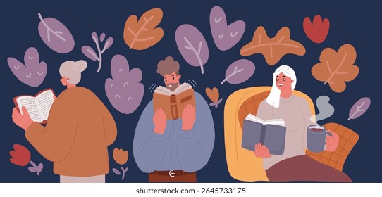 Cartoon vector illustration of people are reading the books. Collection of people reading or students studying and preparing for examination. Set of book lovers, readers, modern literature fans over