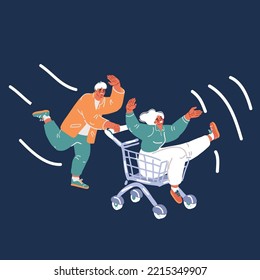 Cartoon vector illustration of people screaming and riding shopping cart during race. Happy couple having fun over dark backround