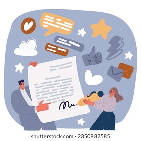 Cartoon vector illustration of People signing paper and digital contract. Set of scenes with entrepreneurs making deal. Concept of agreement conclusion, business partnership,