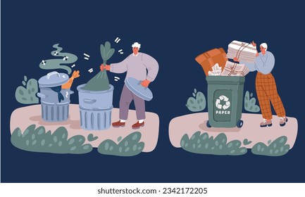 Cartoon vector illustration of People sorting trash and they are not concept. Woman put paper wasting into recycle container. Environment care. Man throw garbage in Dirty trash can over 