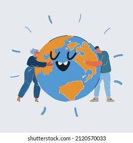 Cartoon vector illustration of People take care about green planet. Man and woman hold, protect, hugging the globe. Earth Day, Nature And Ecology concept.