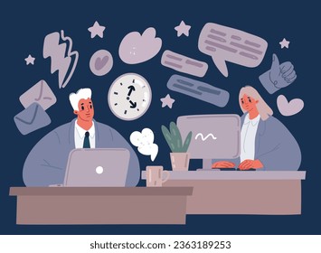 Dibujo vectorial de dibujos animados de personas hablando en el lugar de trabajo. Comunicación de compañeros de trabajo de oficina. Empleados que trabajan juntos en proyectos empresariales, sentados en la mesa sobre fondo oscuro