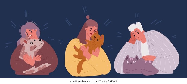 Cartoon vector illustration of People and their cats. Set of portraits of adorable pet owners and cute domestic animals over dark backround