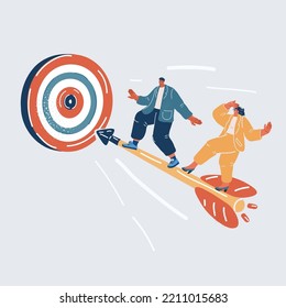 Cartoon vector illustration of people try to Achieving business goals. Team flies to target on arrow, achievement. Man and woman