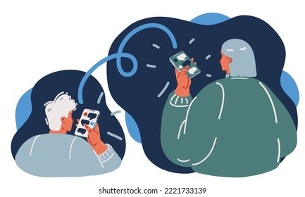 Dibujo vectorial de dibujos animados de personas que usan teléfonos móviles. Enviar mensajes entre ellos. Vista trasera sobre fondo negro