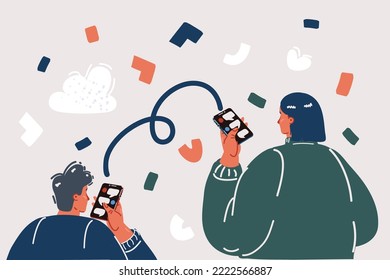 Cartoon vector illustration of people using chatting app men women to communicate each other concept. Rear view