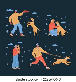 Cartoon vector illustration of People walking with dogs on dark background.