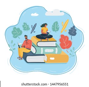 Dibujo vectorial de la gente que ama leer libros alrededor de libros gigantes. Hombre y mujer están leyendo. Concepto de estudiante, educación, feria, cursos.