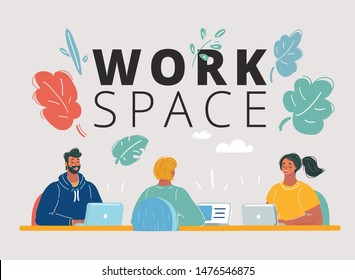Dibujo vectorial de personas trabajando como equipo, Espacio abierto. Hombre y mujer trabajan juntos.