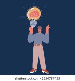 Cartoon vector illustration of Peoplethinking. Man, Businessmen Brainstorming.Light bulb with concept of new idea.Man holding up his index finger over dark backound