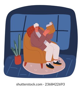 Cartoon vector illustration of Person reading book, sitting in armchair by window in living room. Man in chair at home with literature and coffee cup. Businessman reader over dark backround