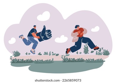 Cartoon vector illustration of Person receiving positive feedback to social media post. Blogger at laptop, chatting online, getting likes, thumb-ups in internet blog.